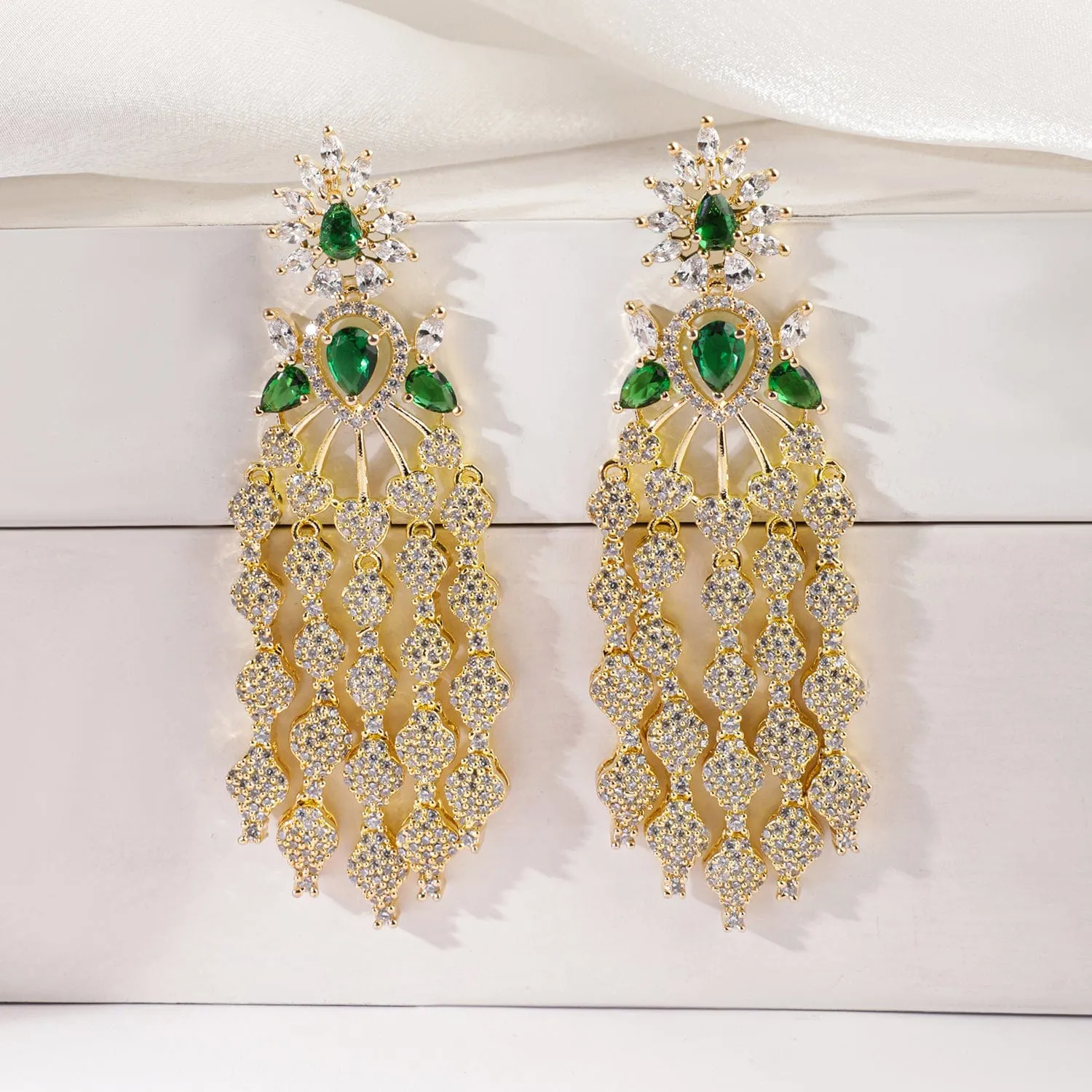 Rubans Gold-Plated Cubic Zirconia-Studded & Beaded Contemporary Drop Earrings