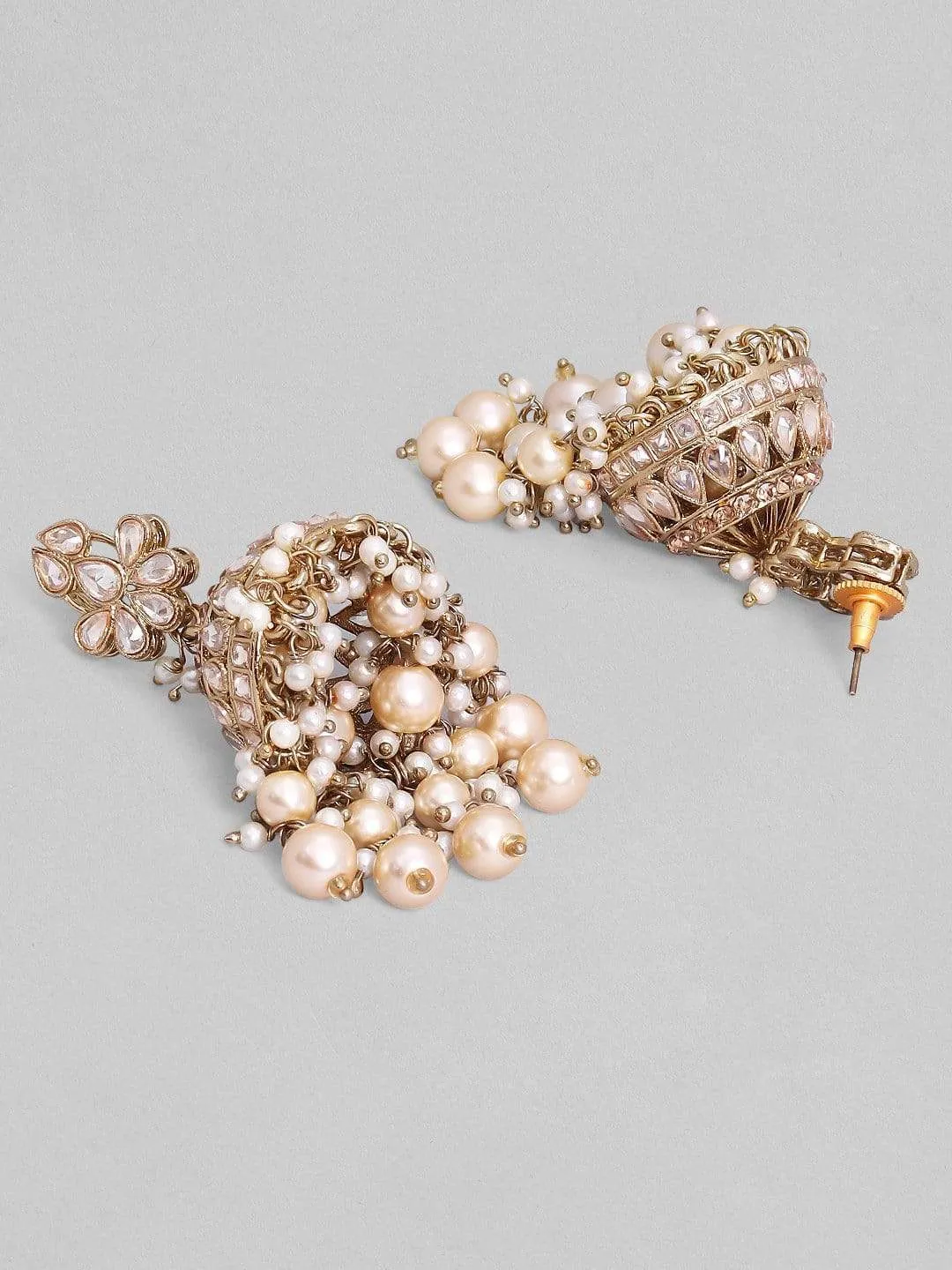 Rubans Gold Plated Handcrafted AD Studded & White Beads Jhumka Earrings
