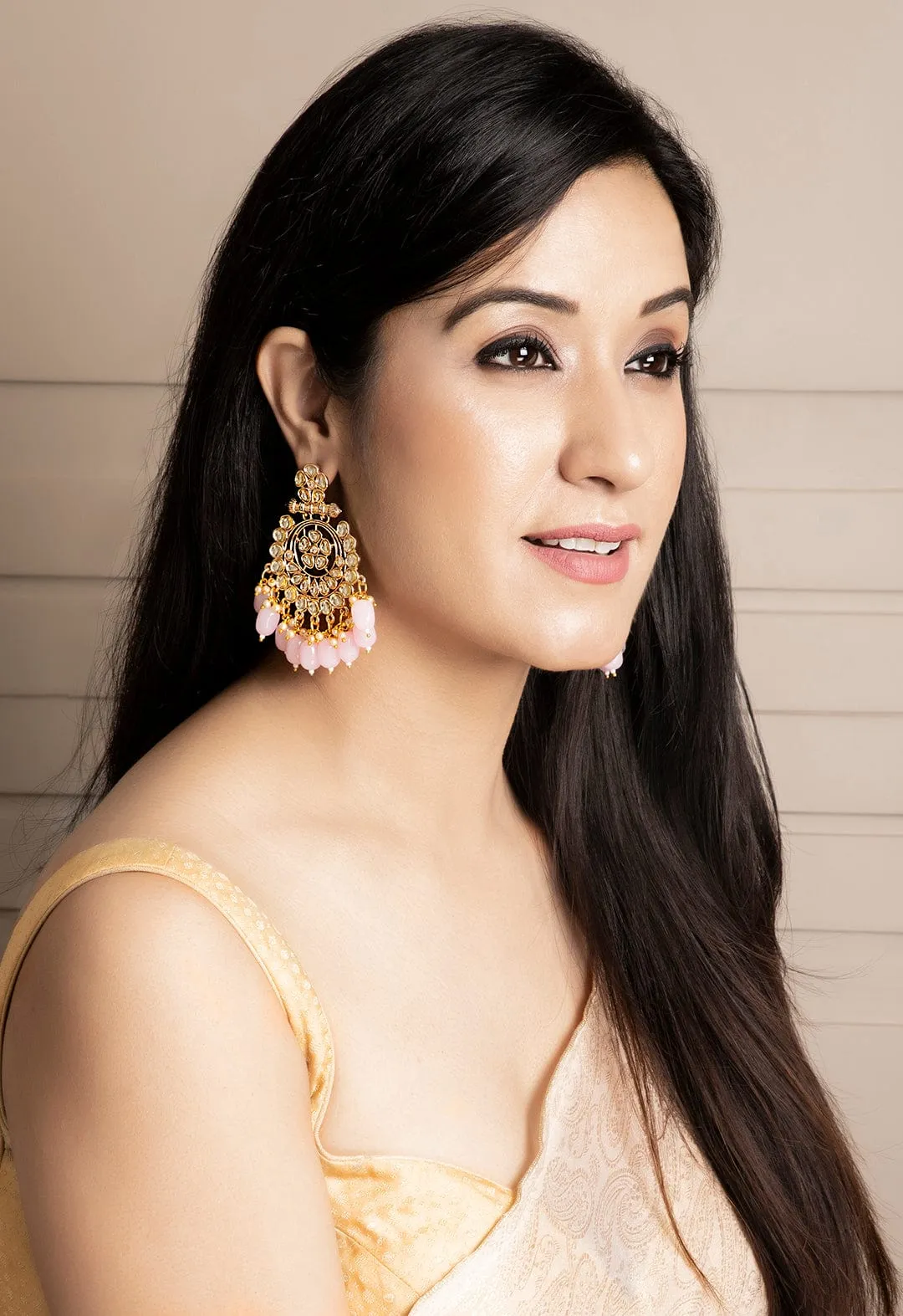 Rubans Gold Plated Kundan Studded Pearl Drop Statement Chandbali Earrings