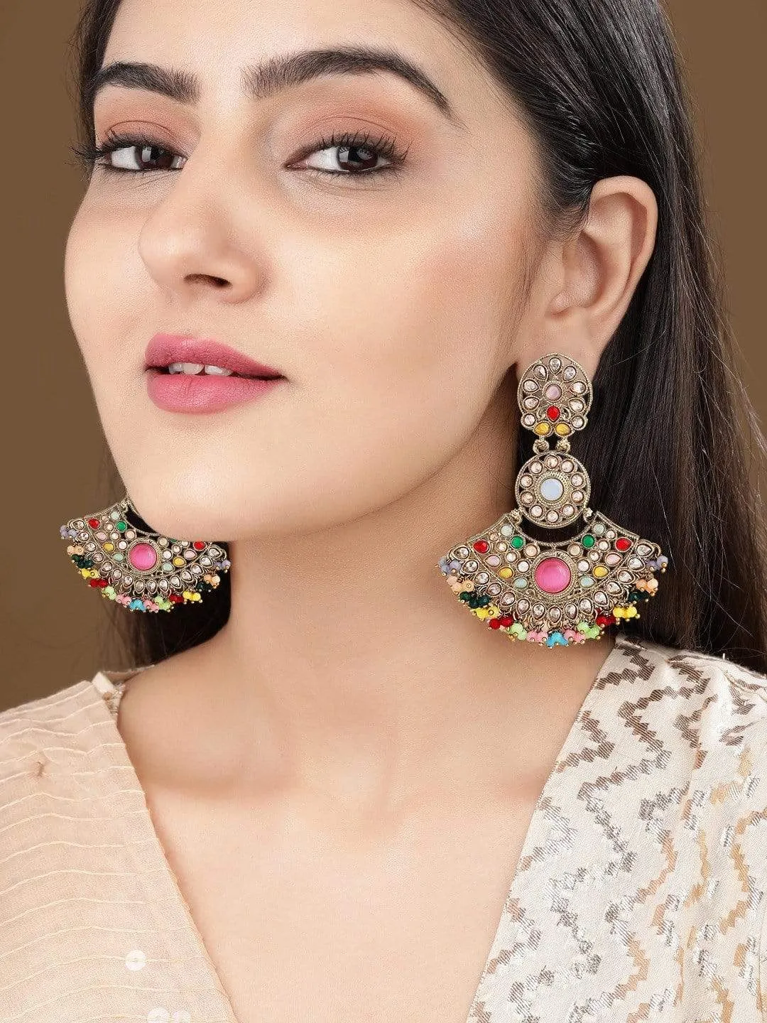 Rubans Gold Plated Multicolor AD Studded Earrings