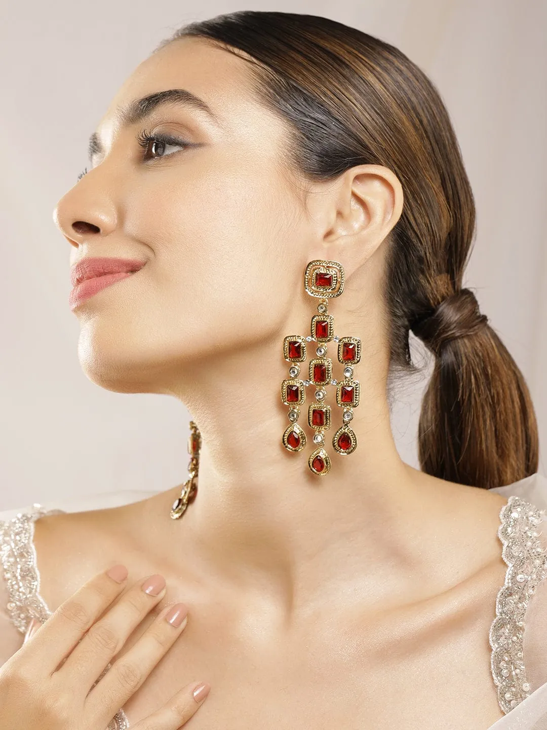 Rubans Gold-Plated Stone-Studded & Beaded Contemporary Drop Earrings