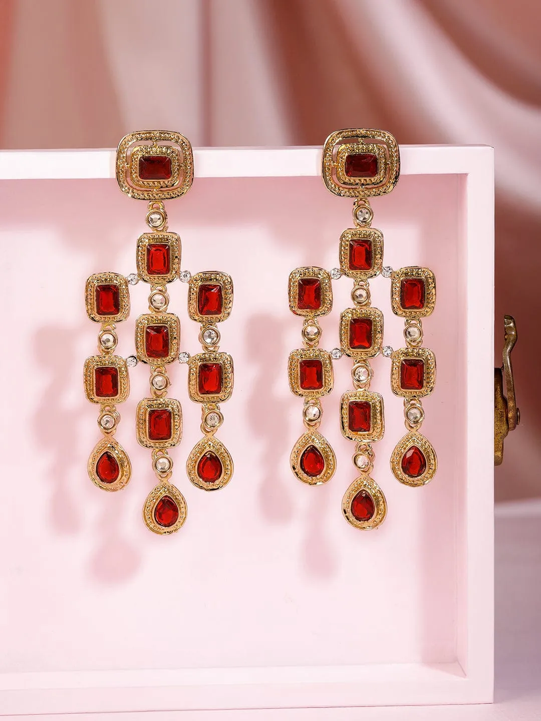 Rubans Gold-Plated Stone-Studded & Beaded Contemporary Drop Earrings