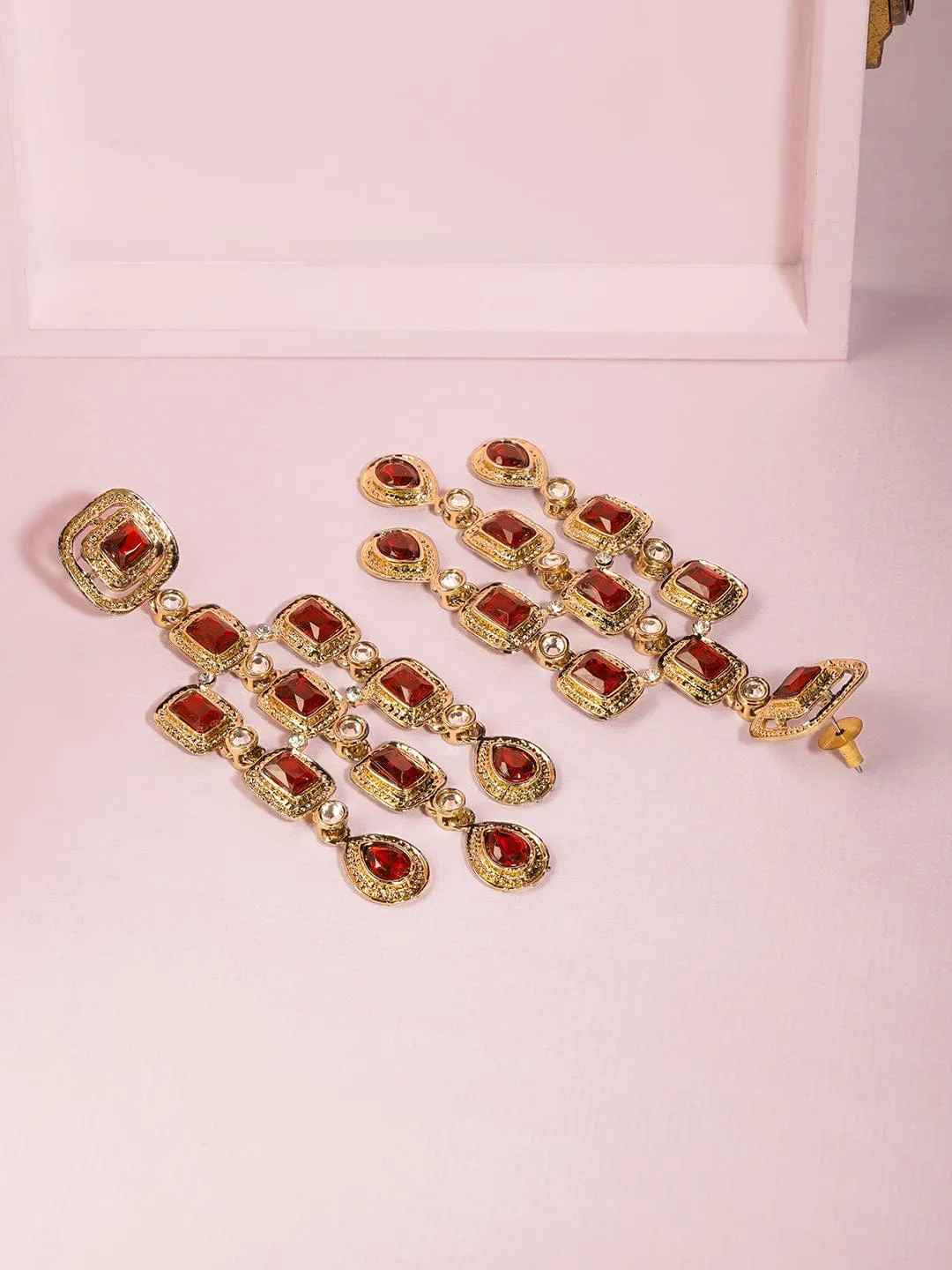 Rubans Gold-Plated Stone-Studded & Beaded Contemporary Drop Earrings
