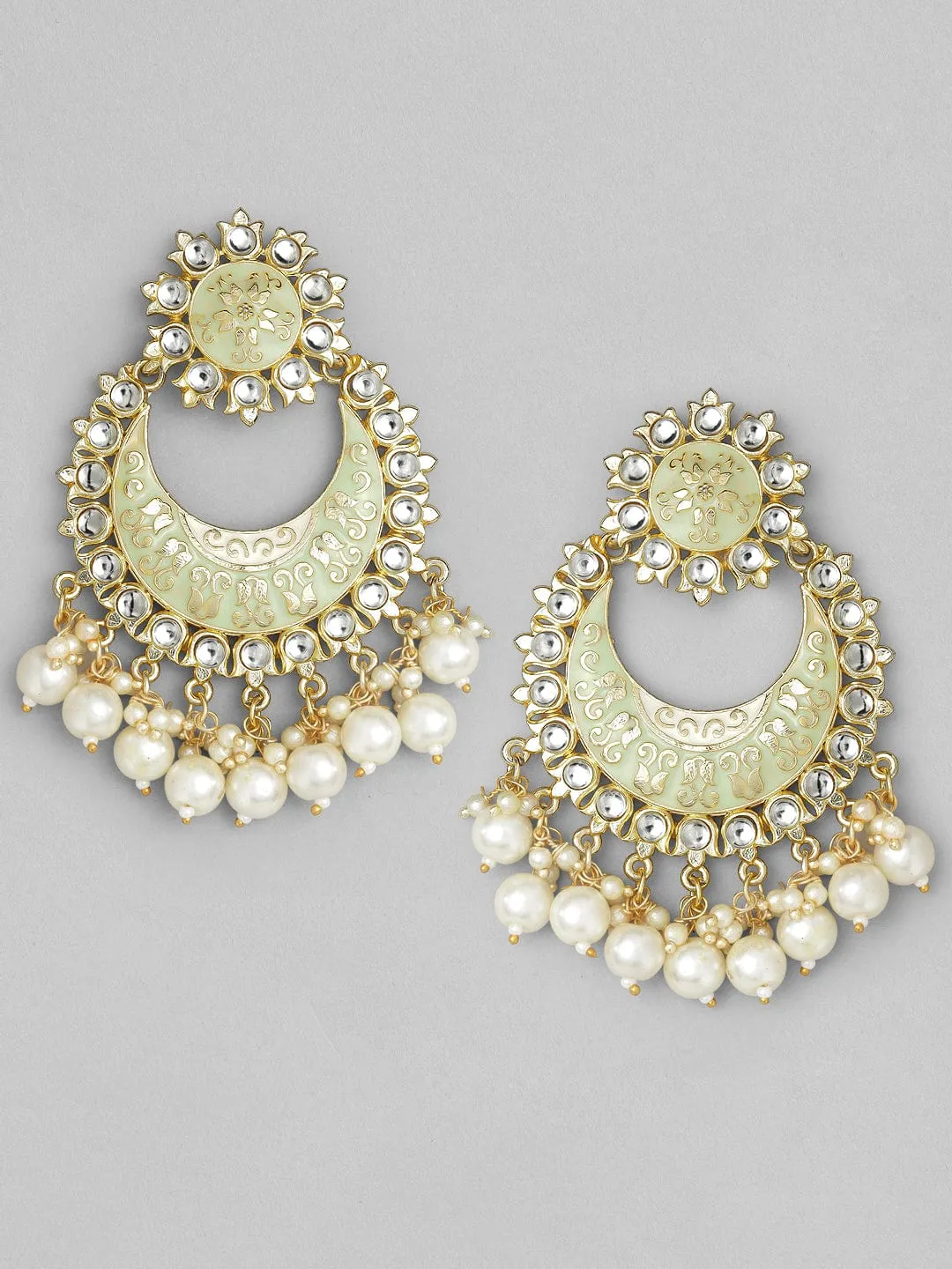 Rubans Green Gold Plated Stone-Studded  Beaded Handcrafted Enamelled Chandbalis