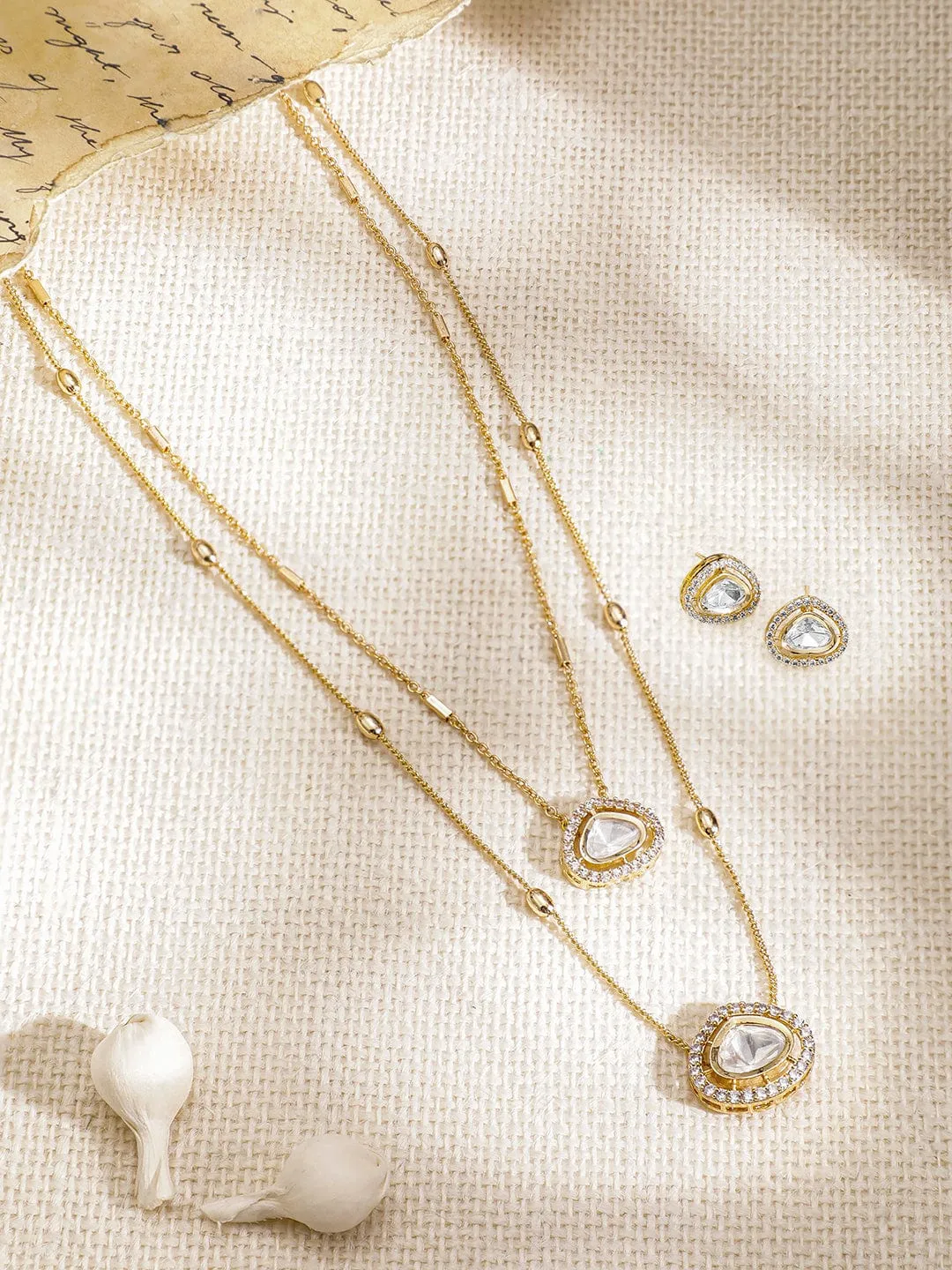 Rubans Premium 22K Gold Plated Polki and CZ Studded Double Layered Trendy Necklace Set with Earrings