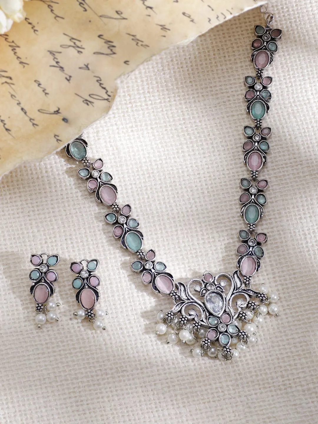 Rubans Rhodium Plated Floral Stones Studded Jewellery Set