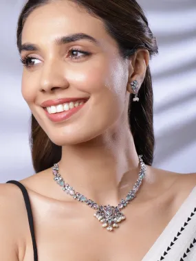 Rubans Rhodium Plated Floral Stones Studded Jewellery Set