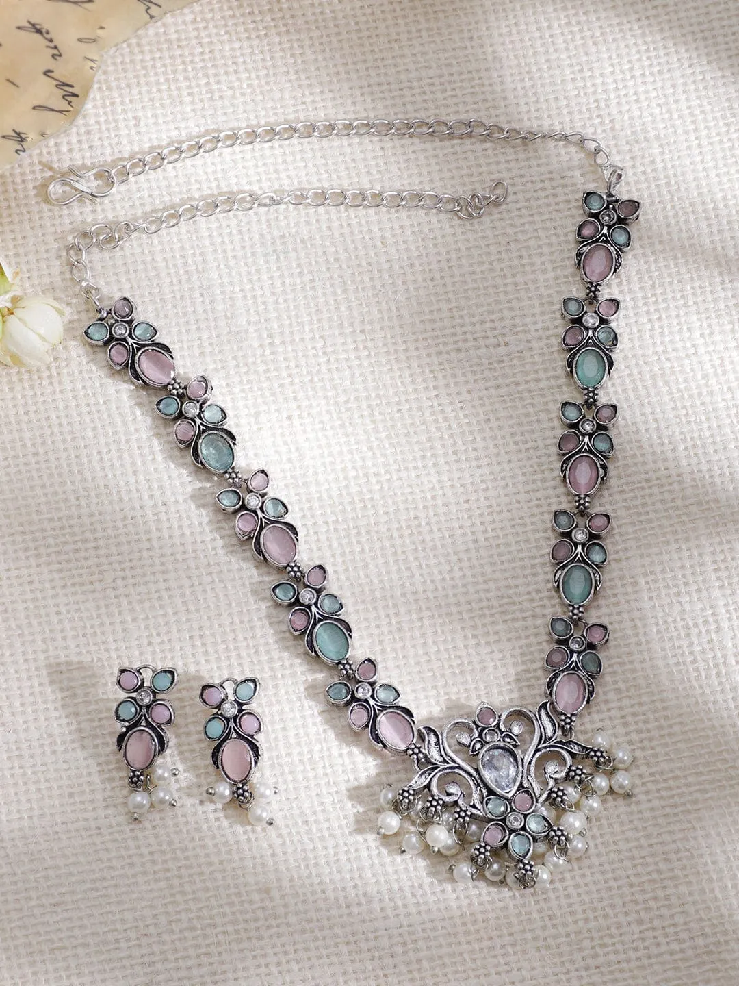 Rubans Rhodium Plated Floral Stones Studded Jewellery Set