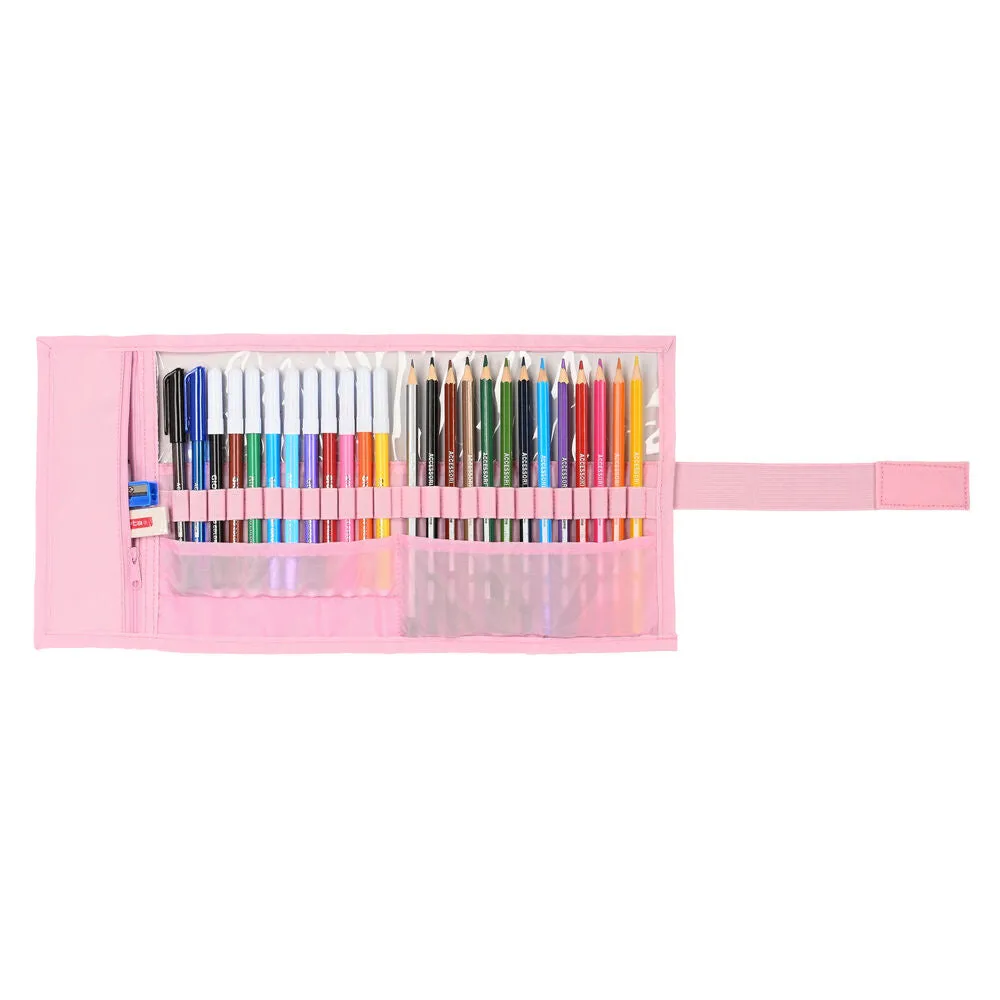 School Case With Accessories Benetton Vichy Roll-Up Pink (27 Pieces)