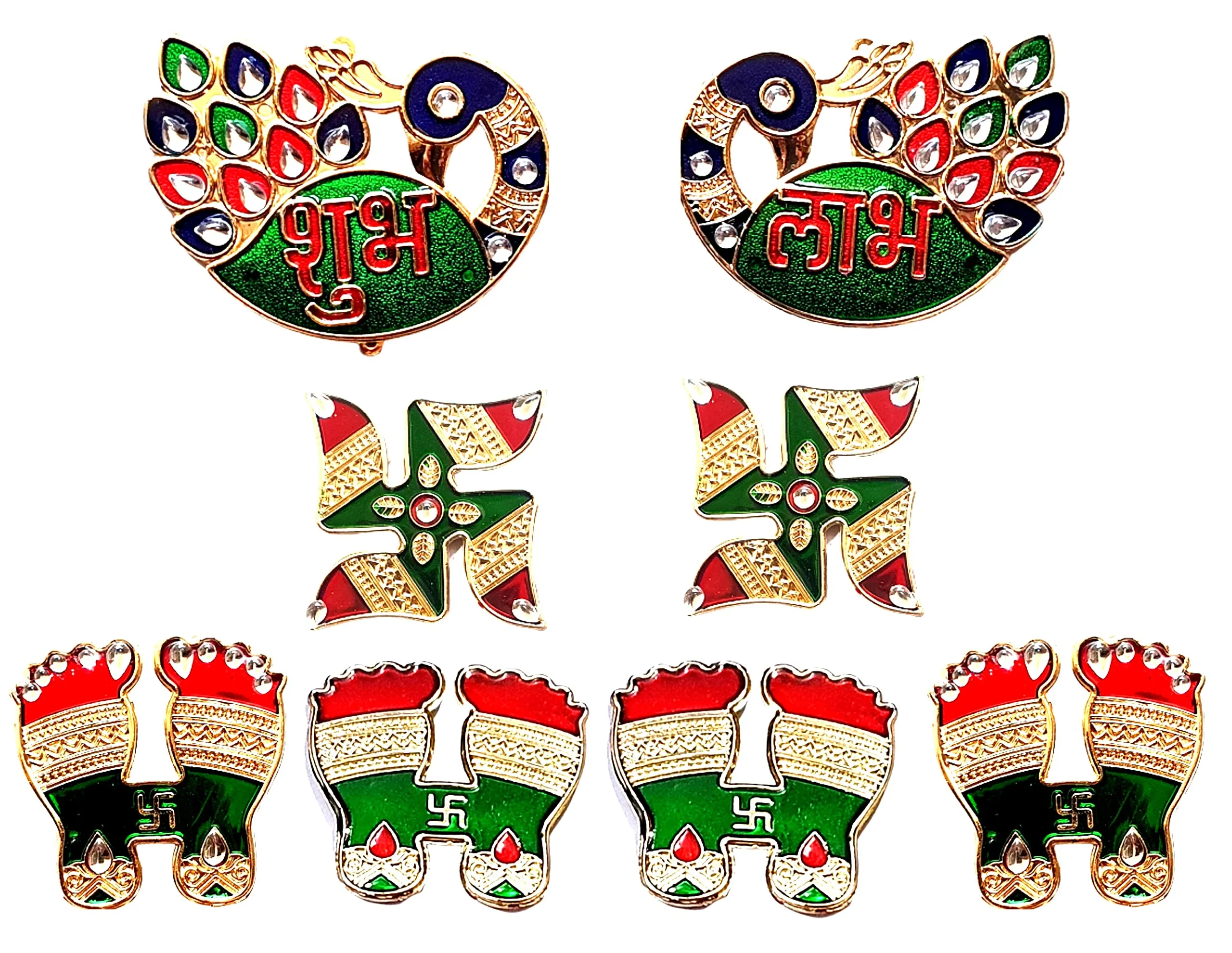 Self Adhesive Acrylic Decorative Diwali Stickers- Shubh Labh, Laxmi paduka, Swastik - Set of 8 Stickers for Home Door Entrance Stickers Home Diwali Decoration