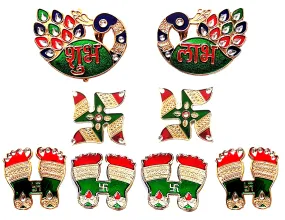 Self Adhesive Acrylic Decorative Diwali Stickers- Shubh Labh, Laxmi paduka, Swastik - Set of 8 Stickers for Home Door Entrance Stickers Home Diwali Decoration