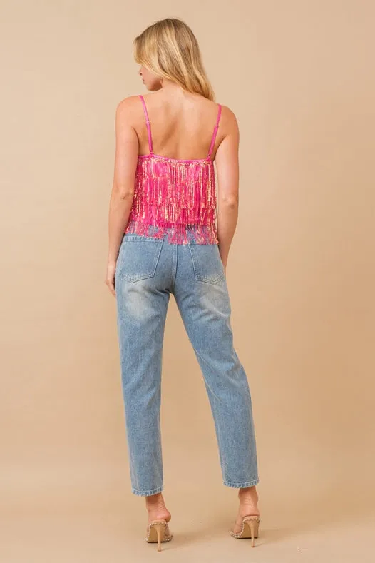 Sequin Fringe Tiered Handkerchief Cami Tank Top Hot Pink