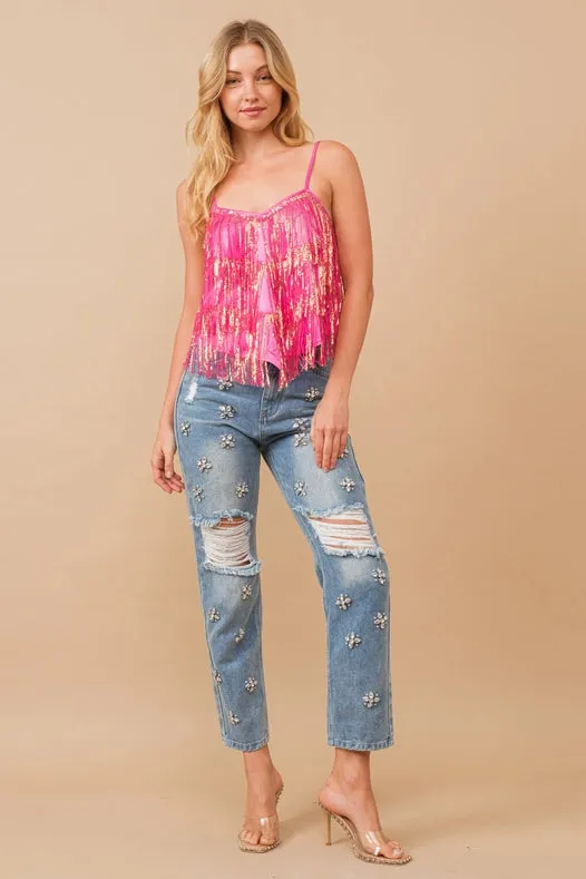 Sequin Fringe Tiered Handkerchief Cami Tank Top Hot Pink