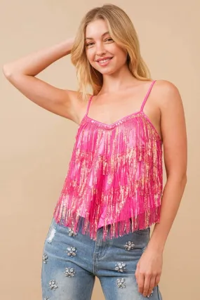 Sequin Fringe Tiered Handkerchief Cami Tank Top Hot Pink