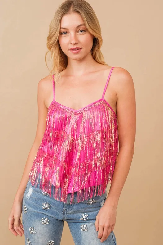 Sequin Fringe Tiered Handkerchief Cami Tank Top Hot Pink