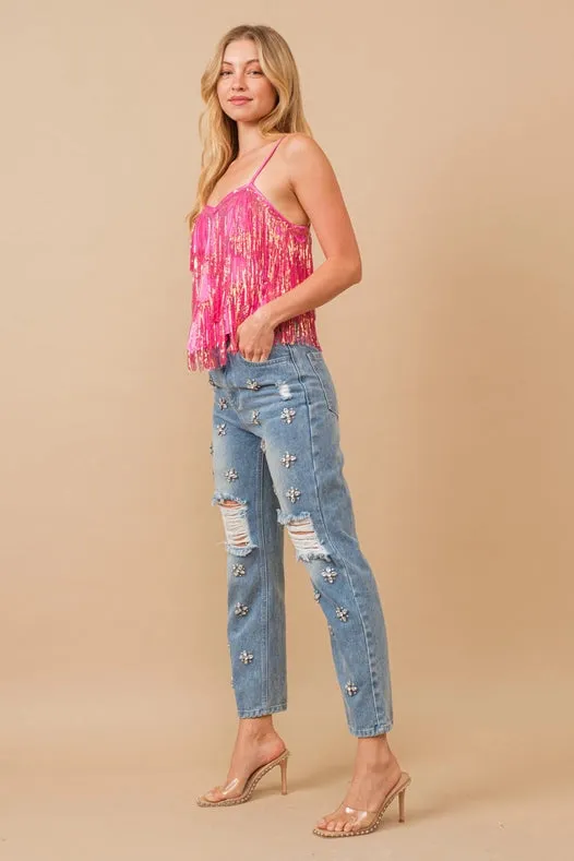 Sequin Fringe Tiered Handkerchief Cami Tank Top Hot Pink