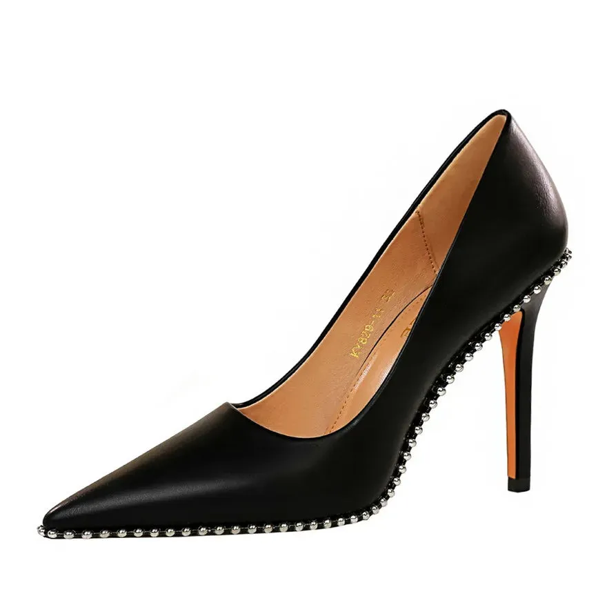 Sexy Studded Women's Heels Soft Faux Leather Pointed Toe High Heels