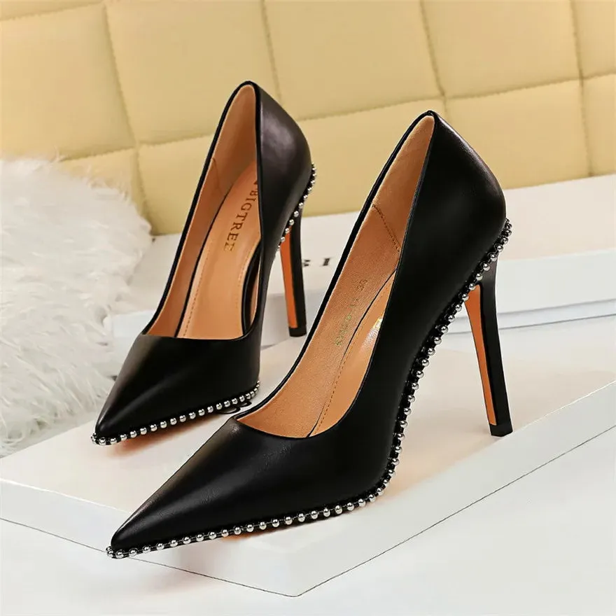 Sexy Studded Women's Heels Soft Faux Leather Pointed Toe High Heels