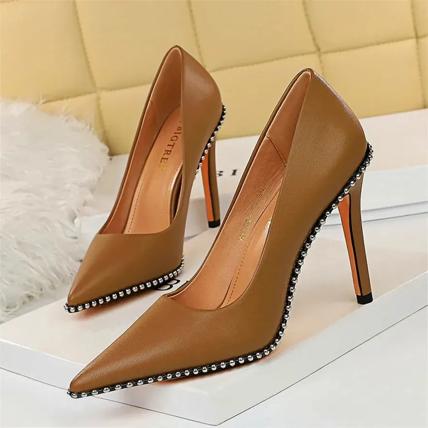 Sexy Studded Women's Heels Soft Faux Leather Pointed Toe High Heels