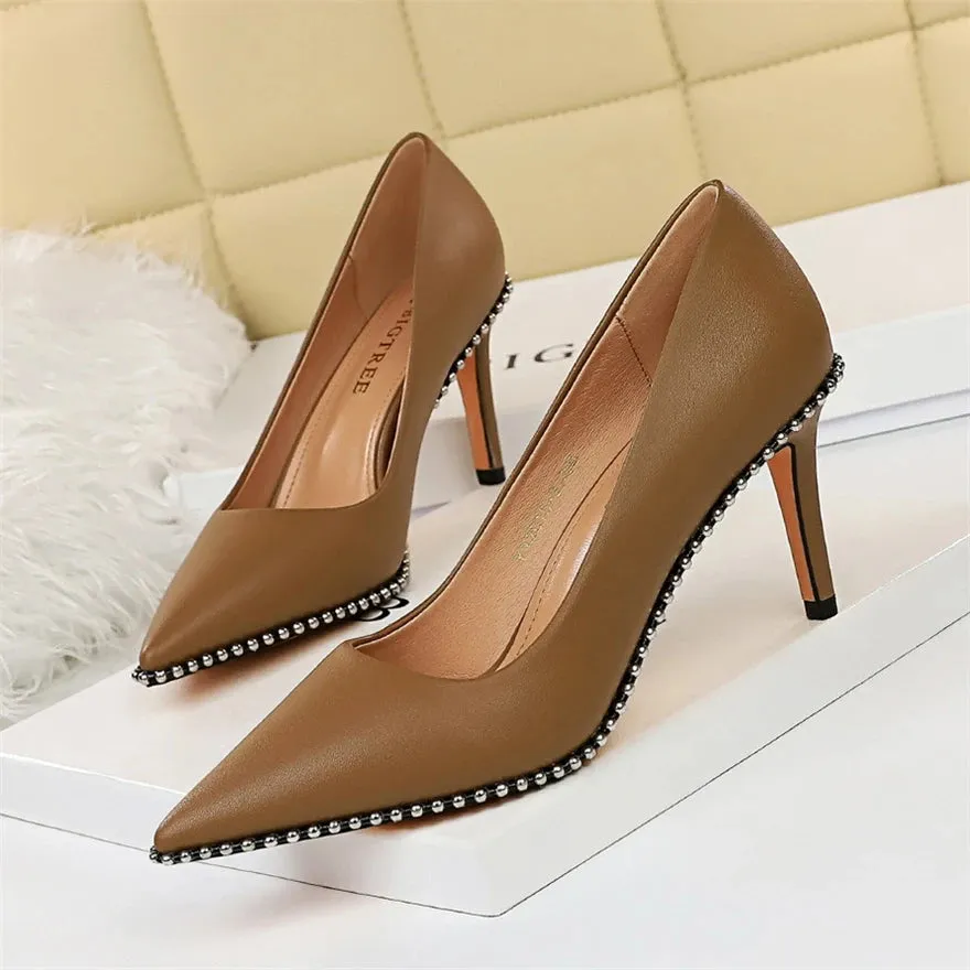 Sexy Studded Women's Heels Soft Faux Leather Pointed Toe High Heels