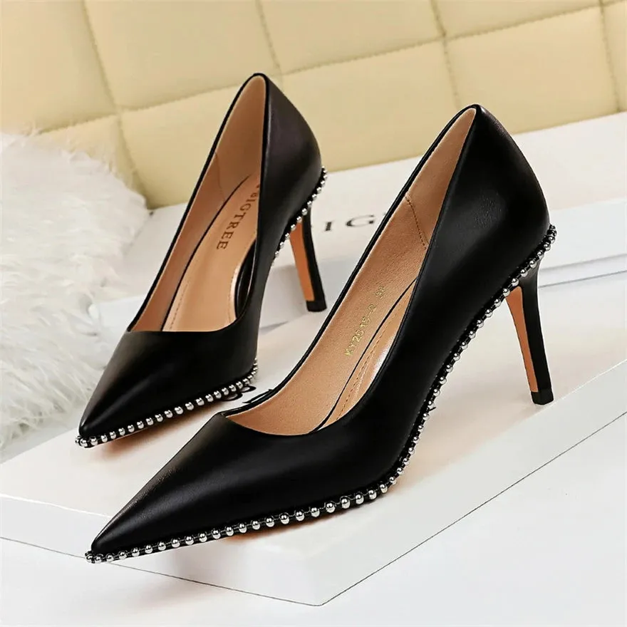Sexy Studded Women's Heels Soft Faux Leather Pointed Toe High Heels