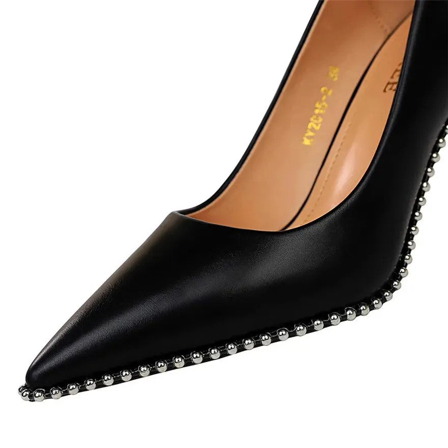 Sexy Studded Women's Heels Soft Faux Leather Pointed Toe High Heels