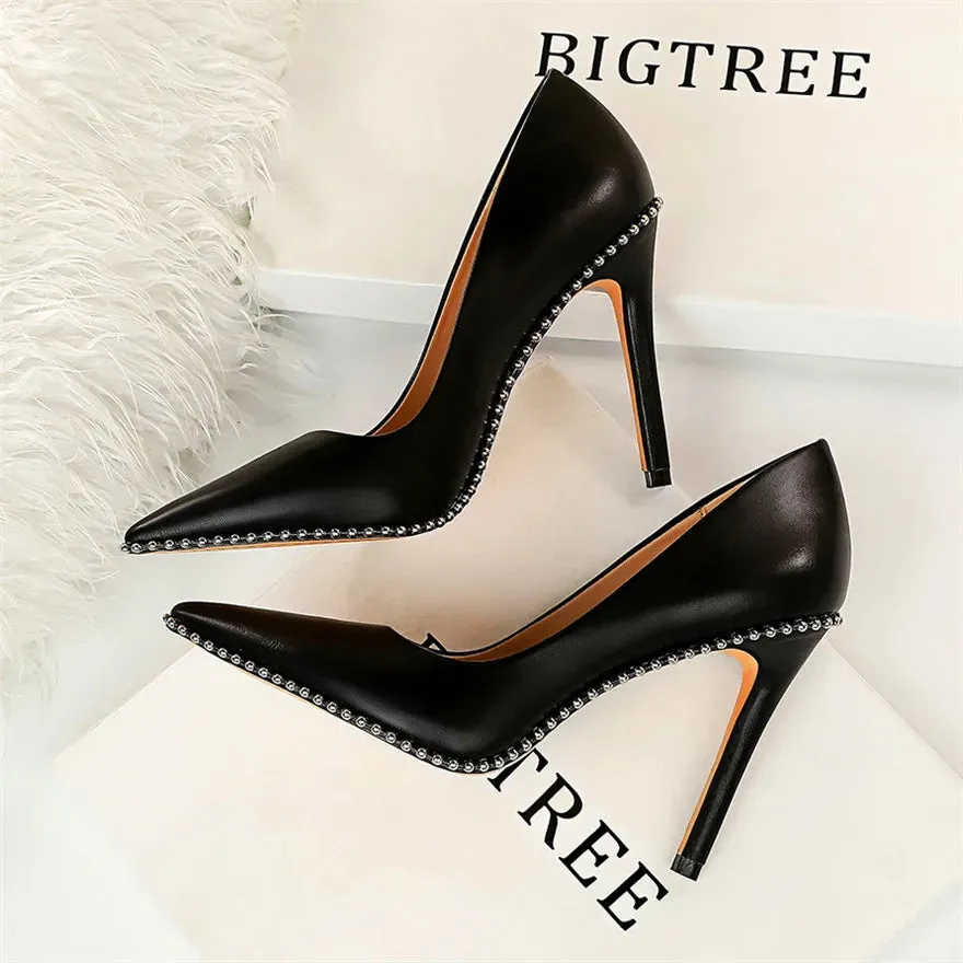 Sexy Studded Women's Heels Soft Faux Leather Pointed Toe High Heels