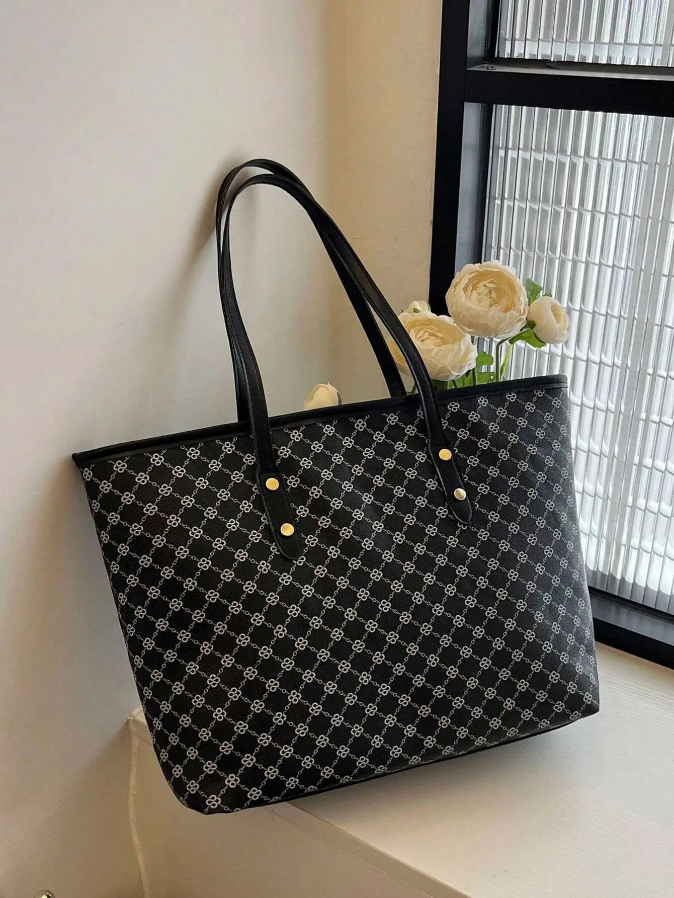 SHEIN Large Shoulder Tote Bag Geometric Pattern Studded Decor