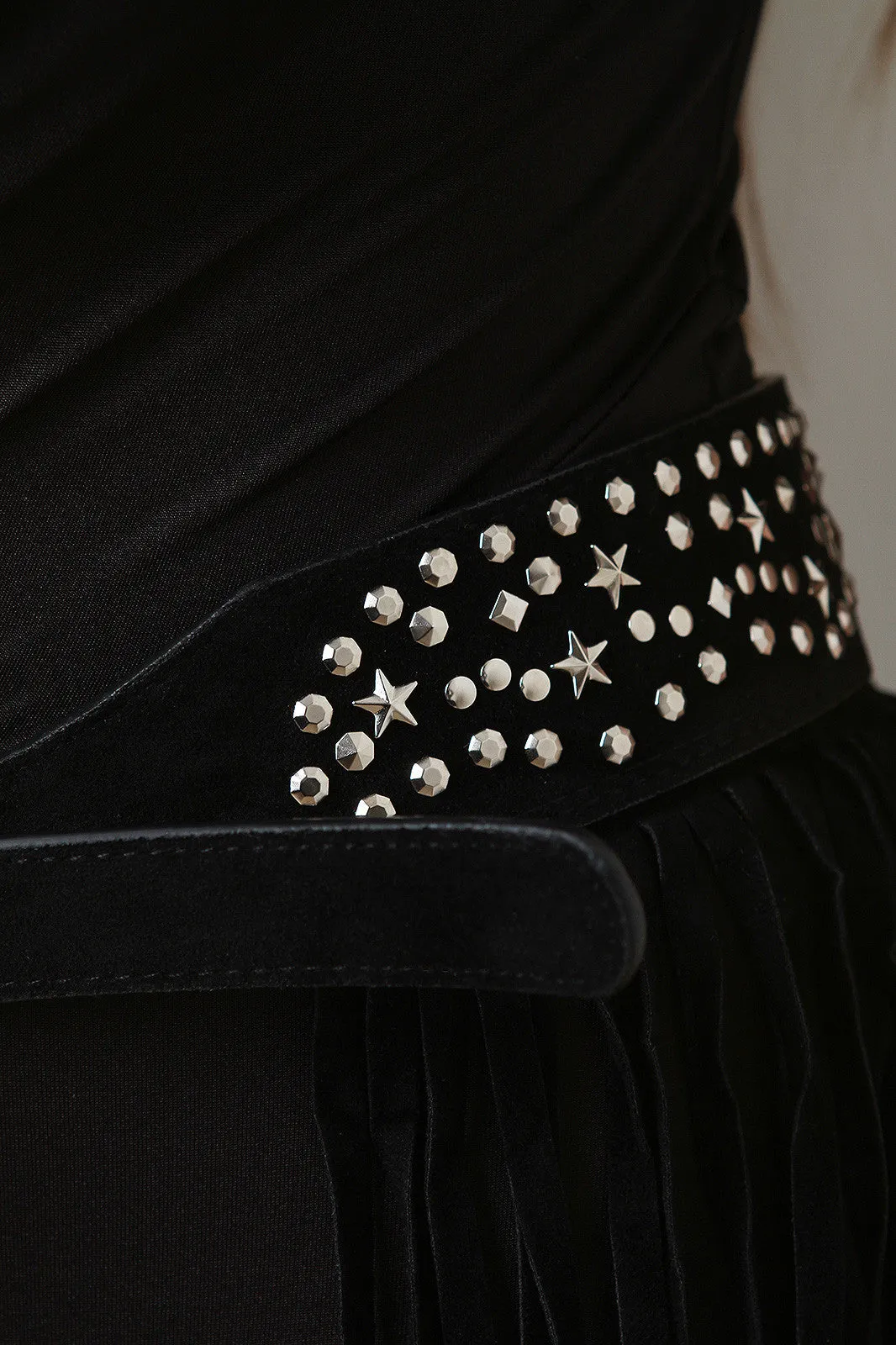 Star Studded Vegan Suede Fringed Belt