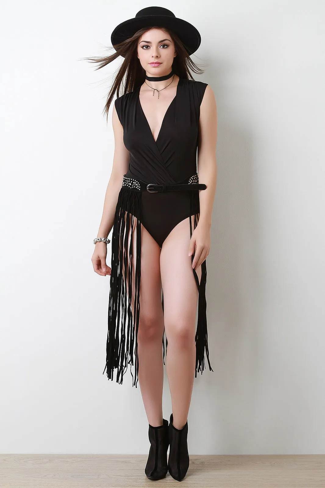 Star Studded Vegan Suede Fringed Belt