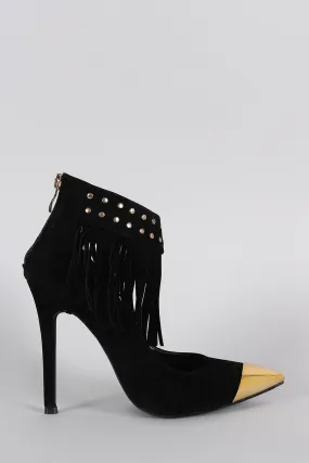 Studded Fringe Ankle Cuff Pointy Toe Stiletto Pump