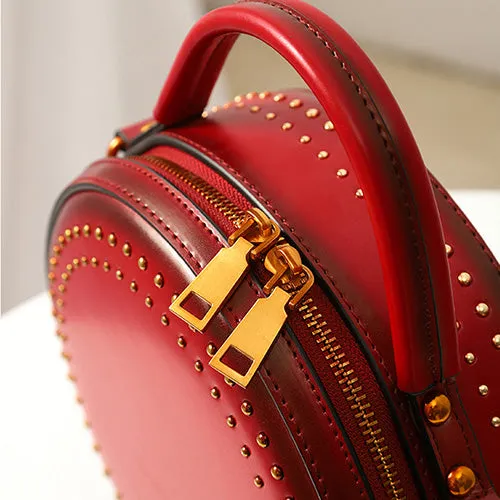 Studded Leather Round Handbag Clutch Bag Purse