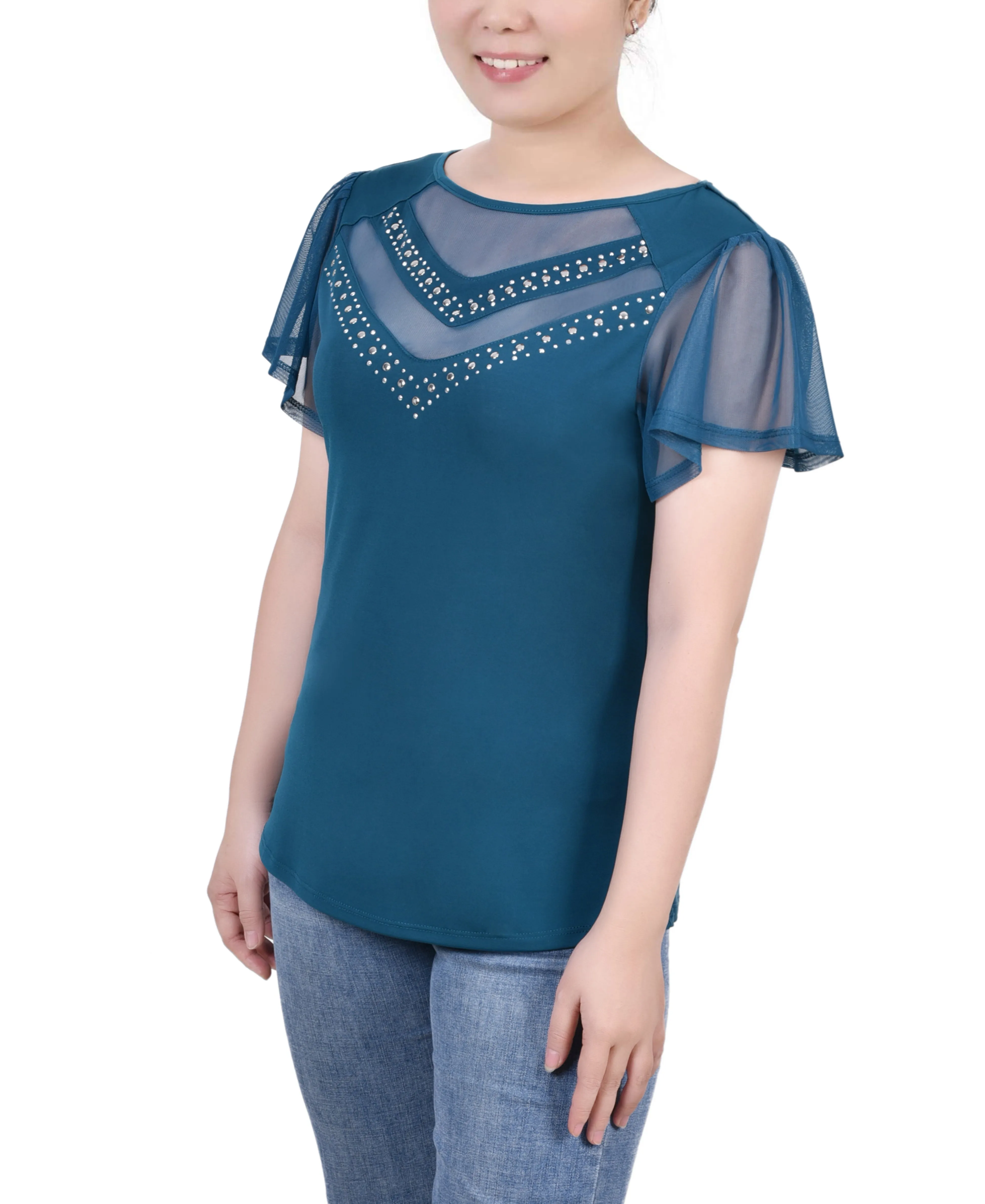 Studded Short Flutter Sleeve Top With Mesh Details