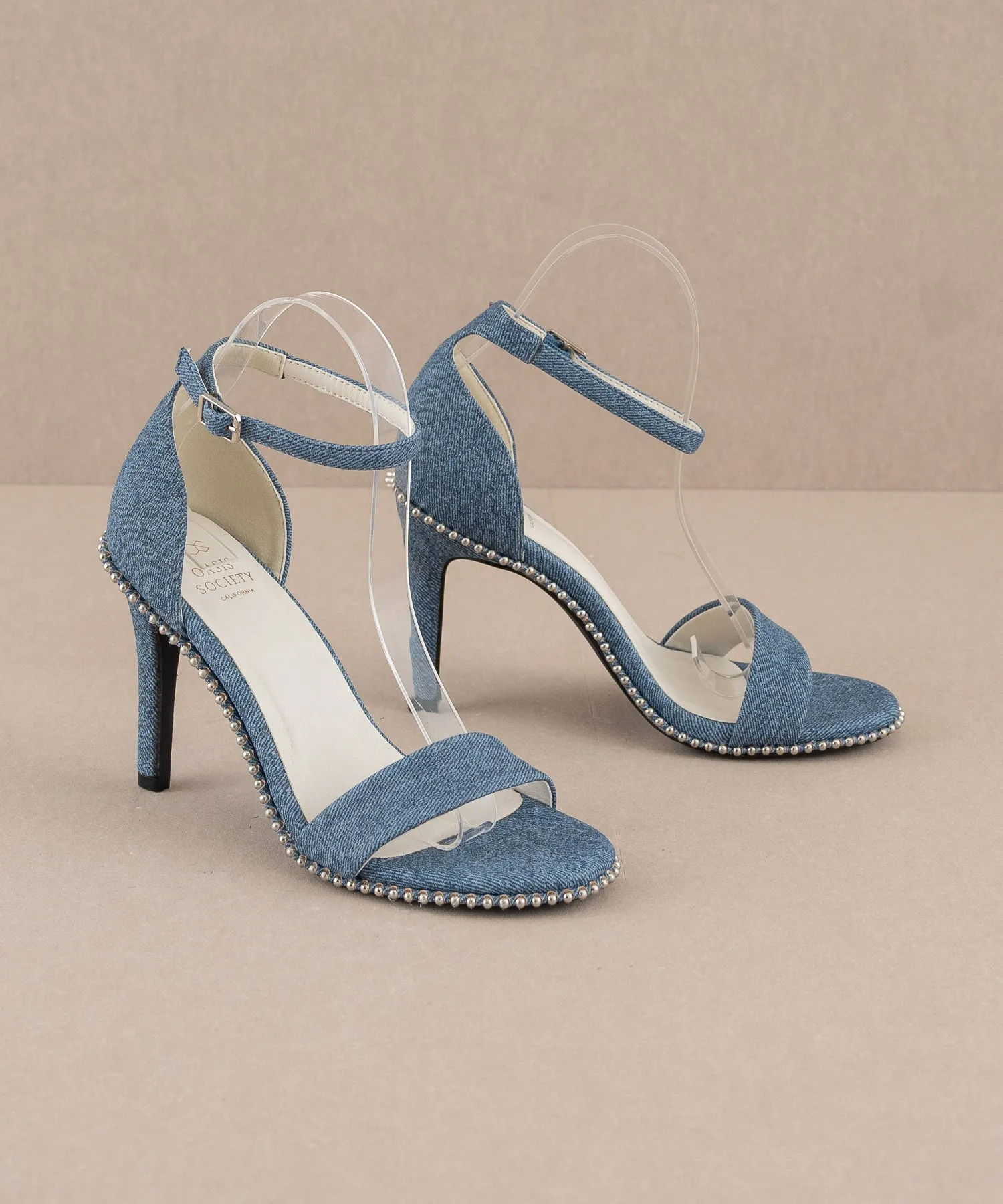 The Dublin | Denim Metal drop studded open toe heel
