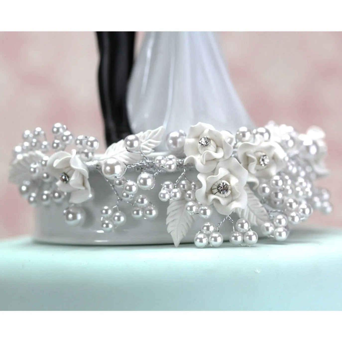 Vintage Rose Pearl and Dove Wedding Cake Topper