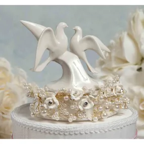 Vintage Rose Pearl and Dove Wedding Cake Topper