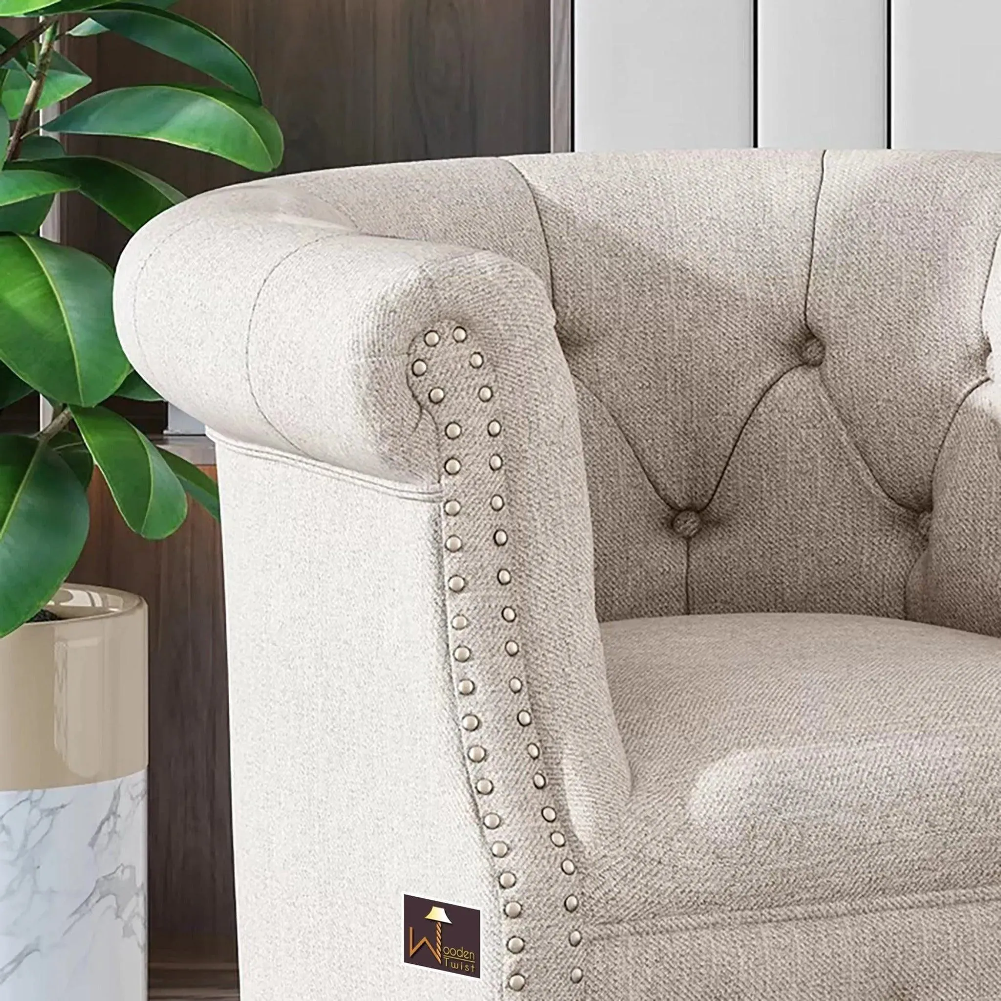 Wide Tufted Chesterfield Arm Chair with Ottoman Footrest (Walnut Legs)