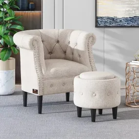 Wide Tufted Chesterfield Arm Chair with Ottoman Footrest (Walnut Legs)