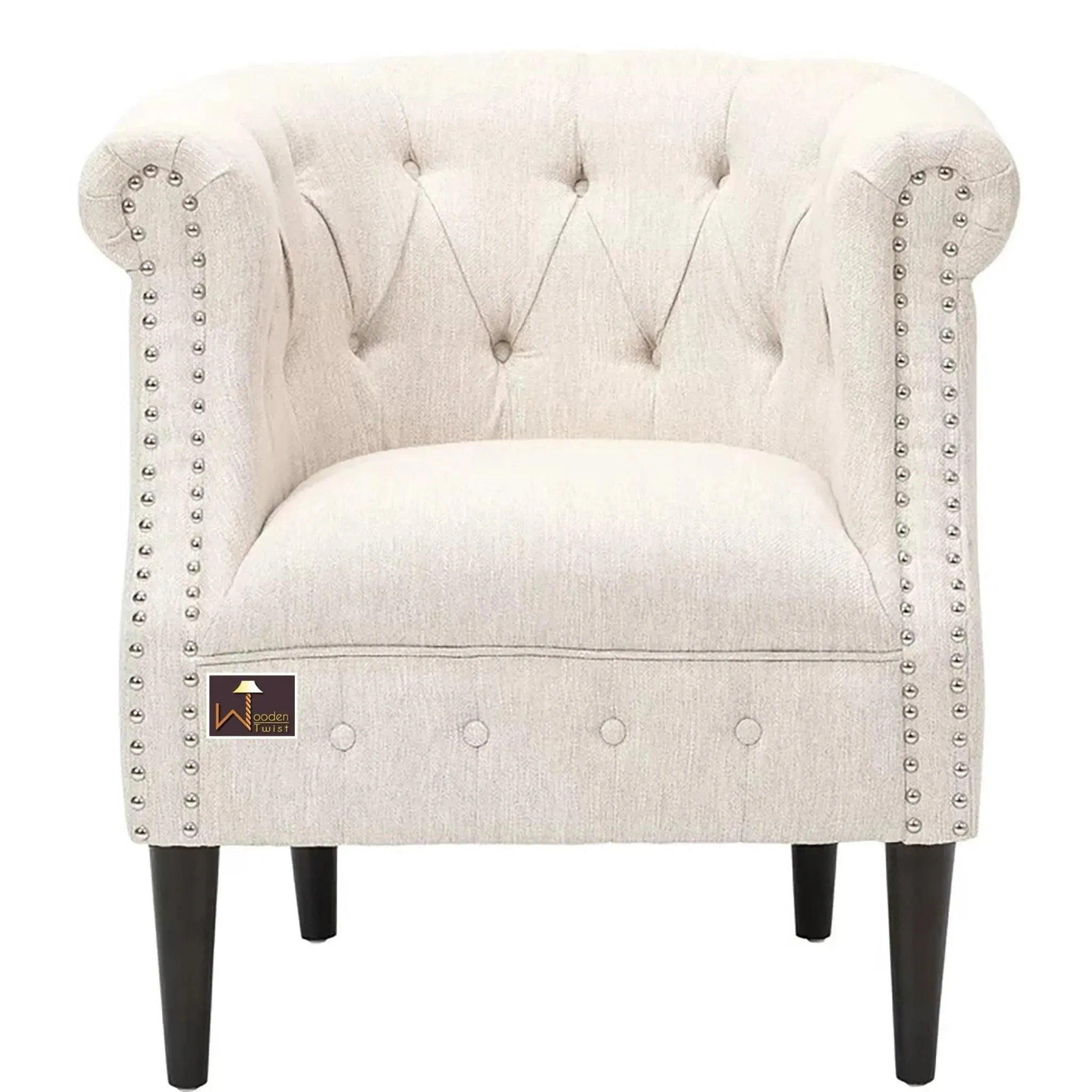 Wide Tufted Chesterfield Arm Chair with Ottoman Footrest (Walnut Legs)