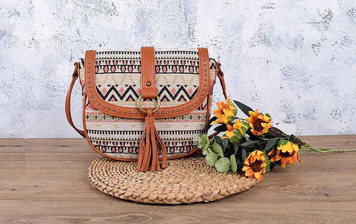 Womens Fabric Cross Body Bag With Fringe Crossbody Boho Bag For Women