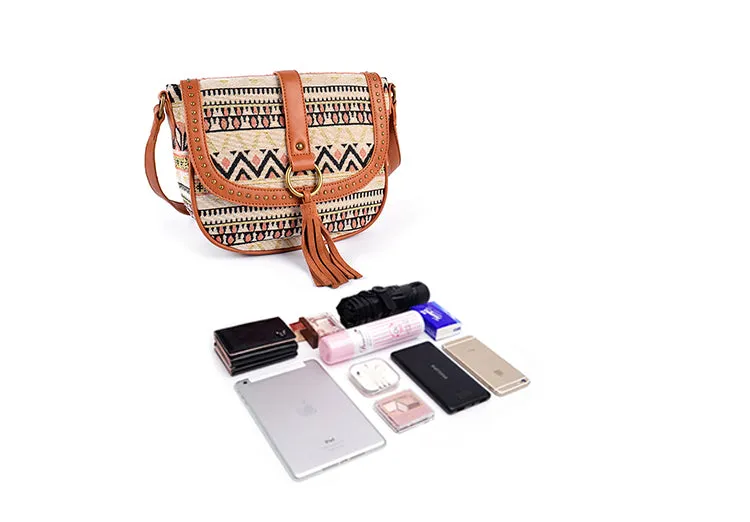 Womens Fabric Cross Body Bag With Fringe Crossbody Boho Bag For Women