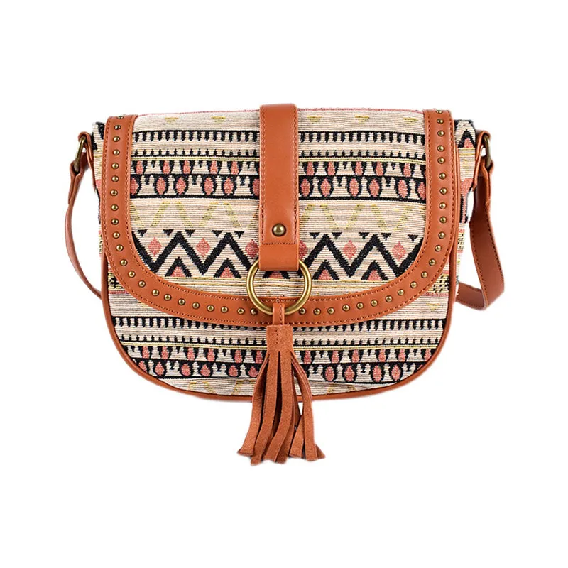 Womens Fabric Cross Body Bag With Fringe Crossbody Boho Bag For Women