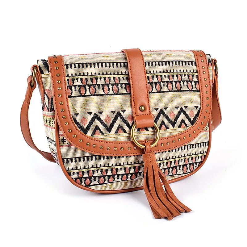 Womens Fabric Cross Body Bag With Fringe Crossbody Boho Bag For Women