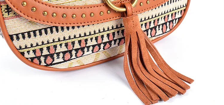 Womens Fabric Cross Body Bag With Fringe Crossbody Boho Bag For Women