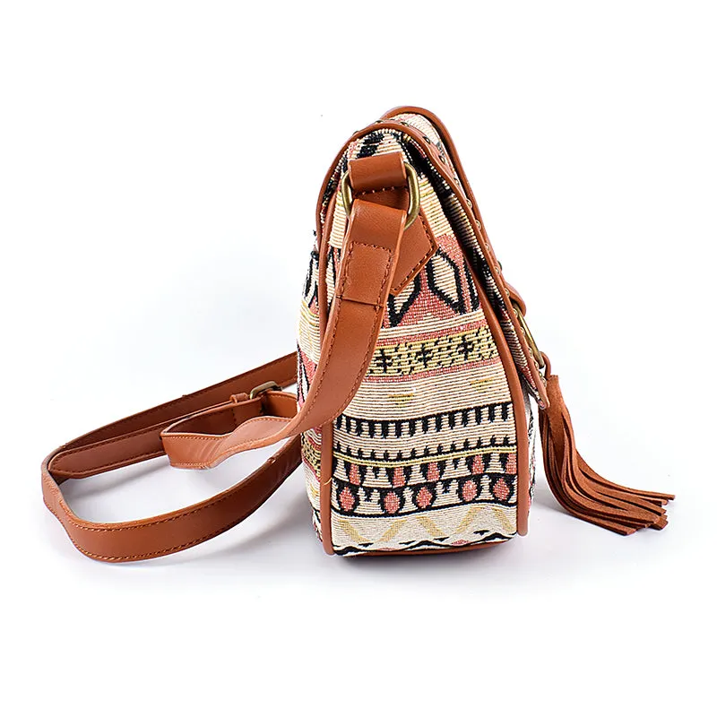 Womens Fabric Cross Body Bag With Fringe Crossbody Boho Bag For Women