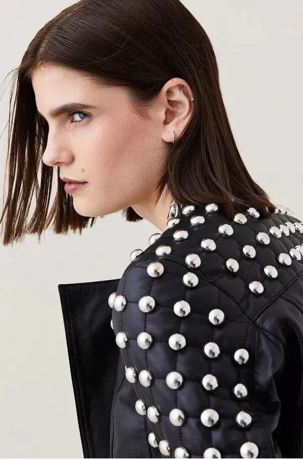 Women’s Punk Black Studded Leather Biker Jacket
